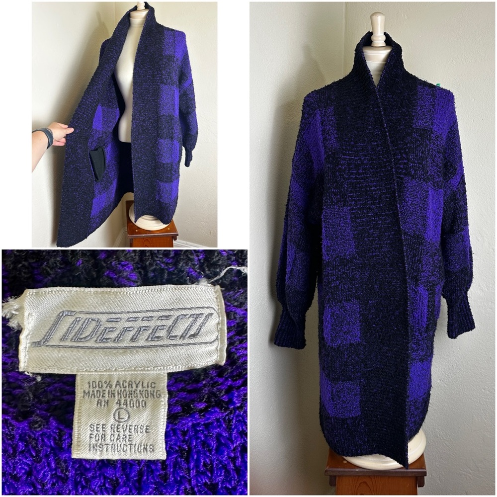 VTG 80s 90s Side Effects Purple Knit Cardigan Sweater Pockets Checker Print Sz L